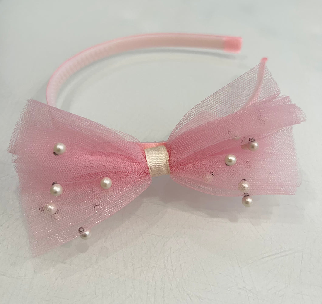 Pink Bow & Pearls Headband